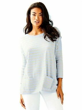 Lilly Pulitzer Cobo Knit Oversized Sweater Women Large Blue Coastal Shell Stripe